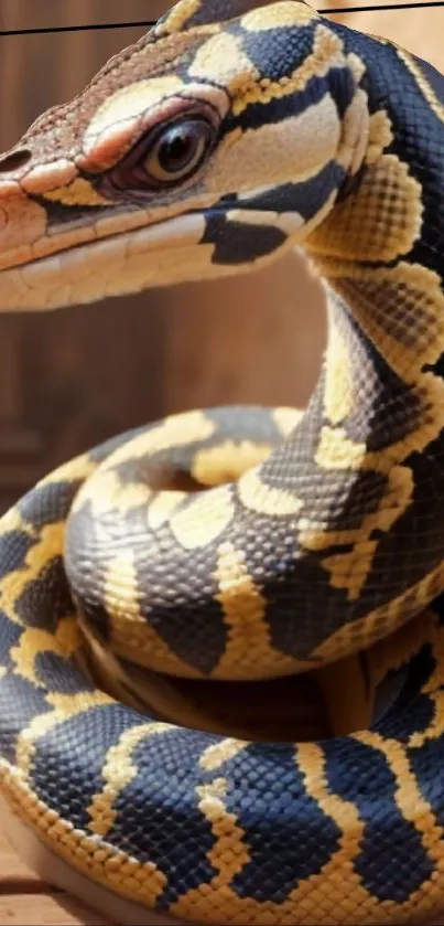 Realistic coiled snake with golden scales on a wooden surface.