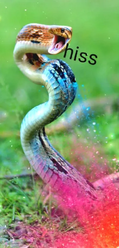 Dynamic snake with vibrant splashes on green grass.