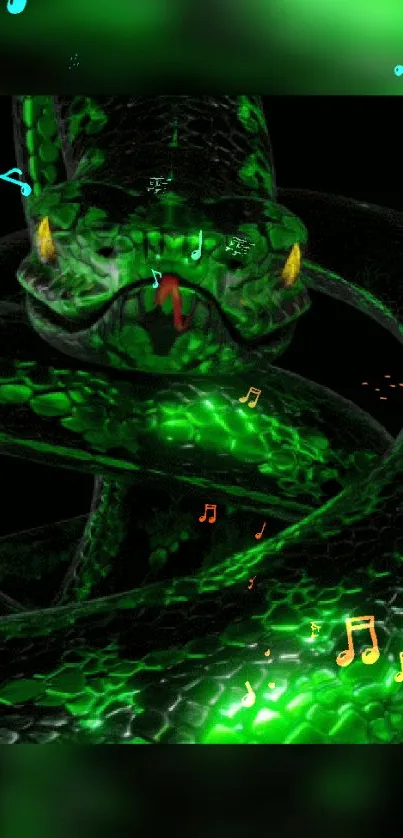 Glowing green snake wrapped with musical notes on a dark background.