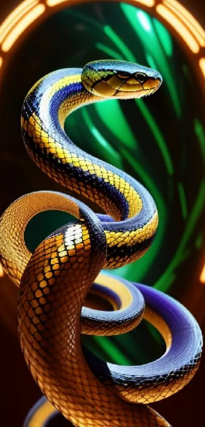 Vibrant snake with neon lights mobile wallpaper.