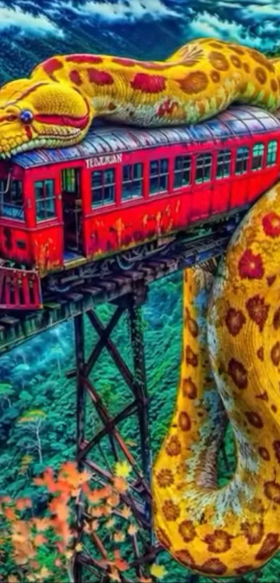 Colorful giant snake coiled around a red train on a bridge.