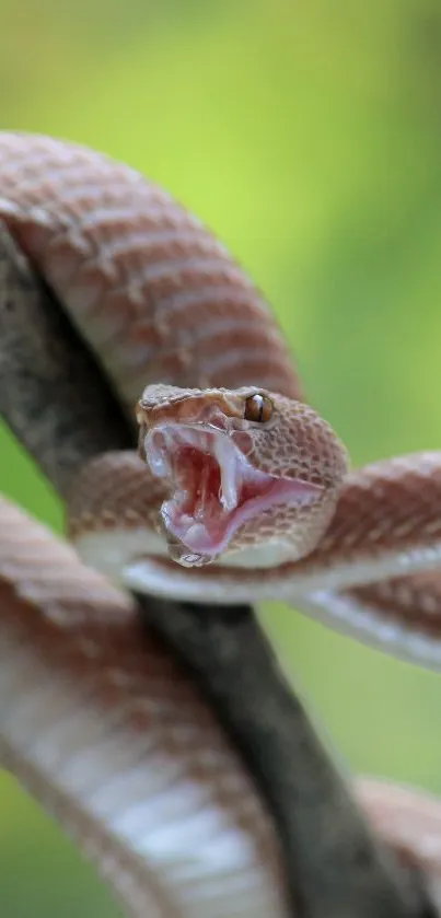 Snake coiled on a branch with open mouth and vibrant background.