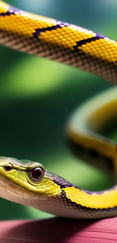 Vibrant yellow and green snake coiled on a leaf, showcasing nature's beauty.