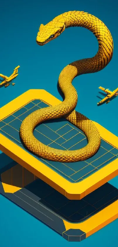 Yellow snake on smartphone with geometric design and model airplanes.