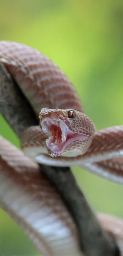 Close-up of a snake coiled around a tree branch with a green background.
