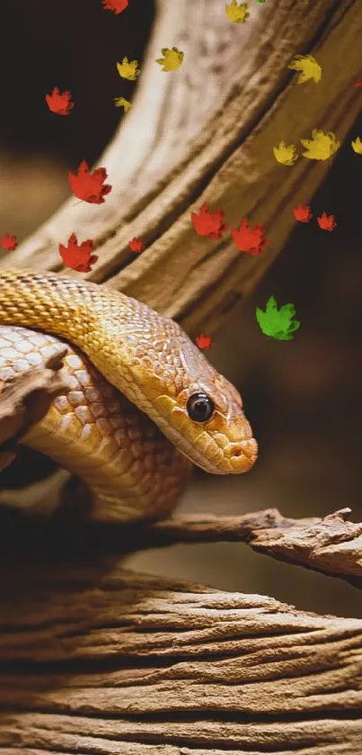 Close-up of a snake on a textured tree branch with earthy tones.