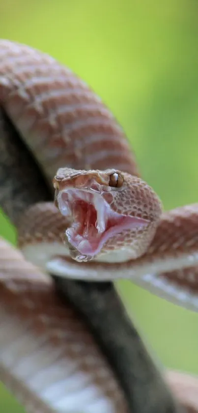 Brown snake with open mouth on a tree branch.