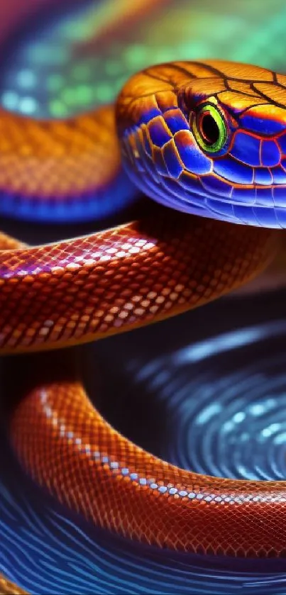 Colorful snake coiled over rippling water with vibrant hues and intricate patterns.