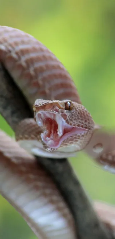 A close-up of a coiled snake with open mouth on a green blurred background.