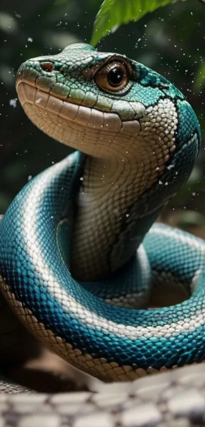 Vibrant teal and brown snake coiled amidst natural foliage.