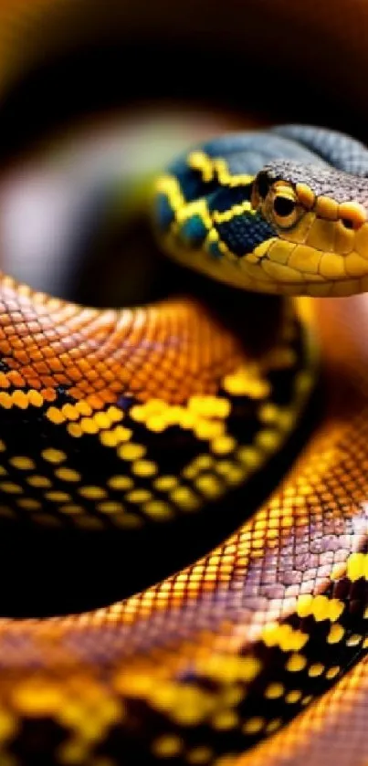 Close-up of a colorful snake with intricate patterns and vivid colors.