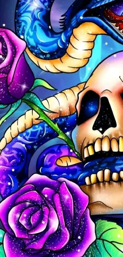 Vibrant artwork with skull, snake, and roses in purple hues.