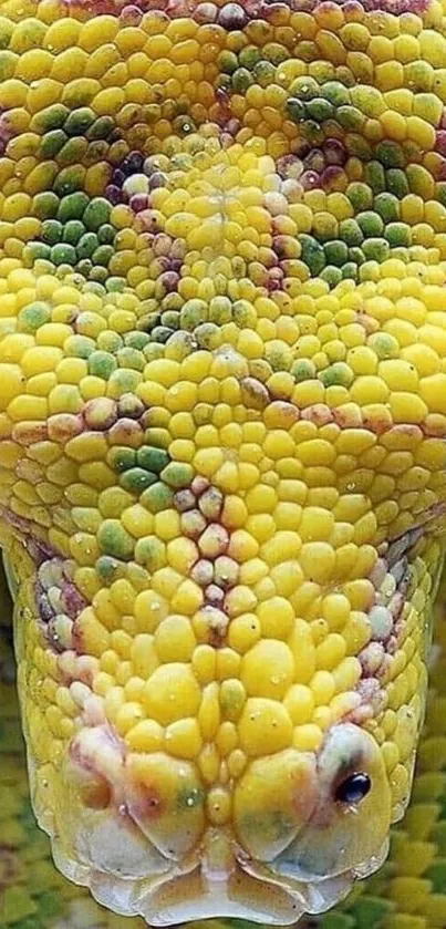 Close-up of a colorful snake's textured skin showcasing vibrant yellows.