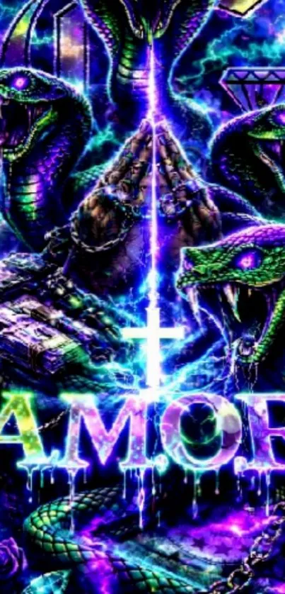 Neon purple and green snake-themed wallpaper with urban elements.