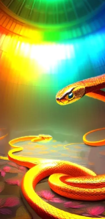 Vibrant orange snake with rainbow reflection on wallpaper