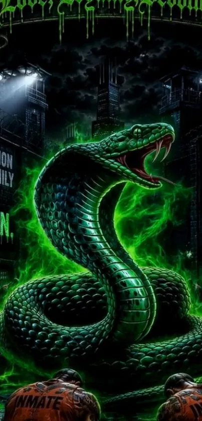 Neon green snake in urban street art setting.