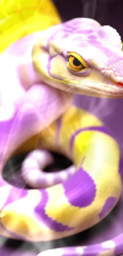 Vibrant purple and yellow snake with bold patterns.