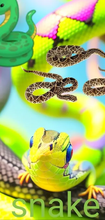 Vibrant and colorful snake-themed mobile wallpaper.