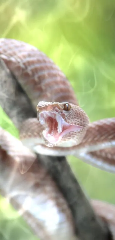 Coiled snake on branch with vibrant colors.