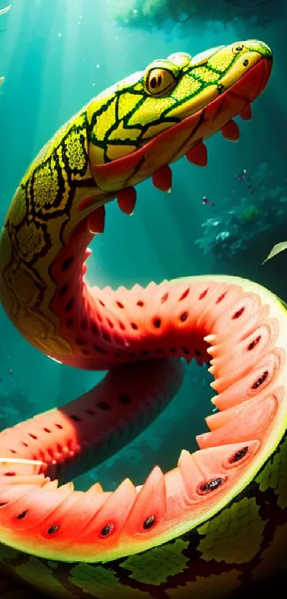 Vibrant digital artwork of a snake resembling a watermelon in a lush green forest.