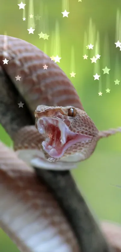 Vibrant snake coiled on a branch with starry effects in a green background.