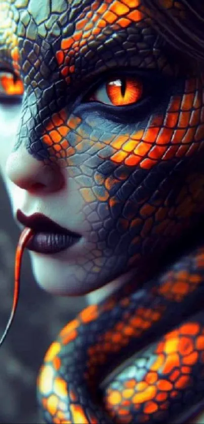 Vibrant artwork of a snake woman with orange scales and piercing eyes.