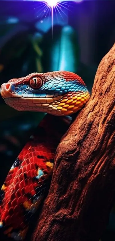 Colorful snake wrapped around a branch with vibrant red and blue scales.