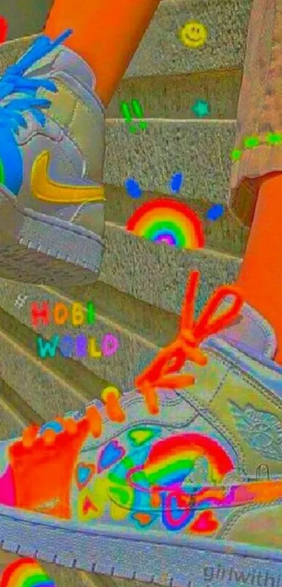 Colorful sneaker with neon doodles and rainbows on steps.