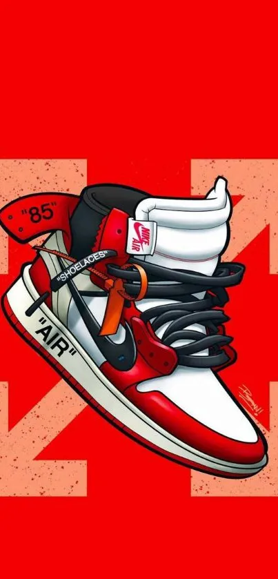 Illustrated sneaker on a vibrant red background with artistic flair.