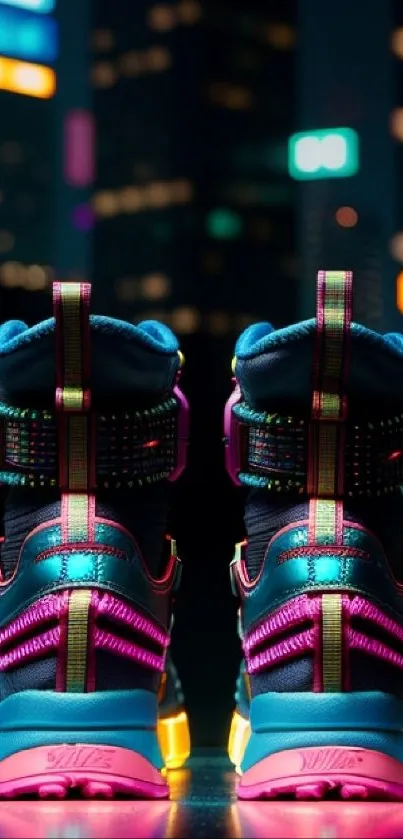 Vibrant sneakers in a neon-lit cityscape for mobile wallpaper.