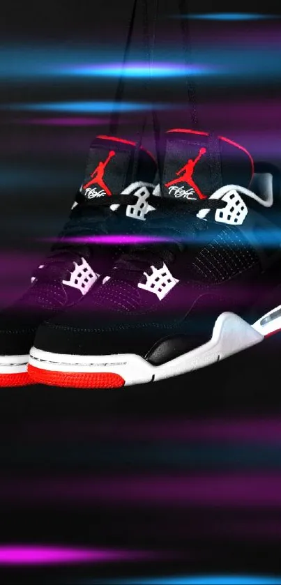 Vibrant sneakers with glowing lines on a dark background.