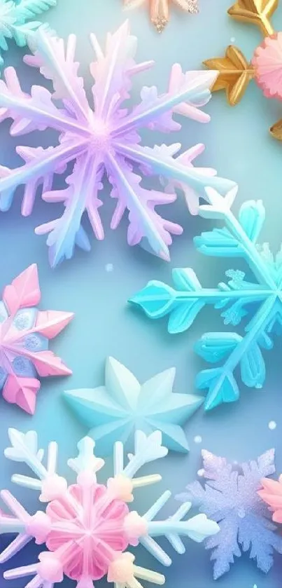 Vibrant pastel snowflakes on a blue gradient background.