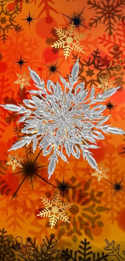 Orange wallpaper with intricate snowflake pattern.