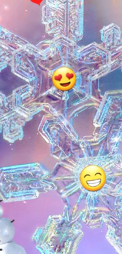 Vibrant snowflake design with emojis on a pastel background.