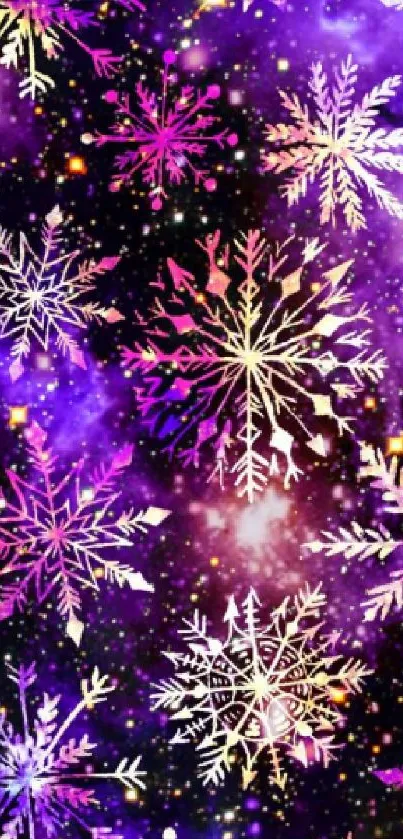 Vibrant purple galaxy wallpaper with intricate gold snowflakes.