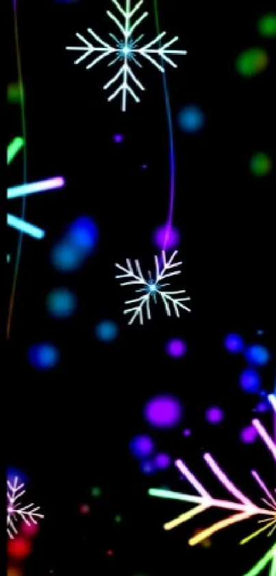 Glowing snowflakes on a black background with vibrant colors.