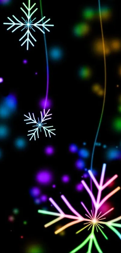 Colorful neon snowflakes on black background for mobile wallpaper.