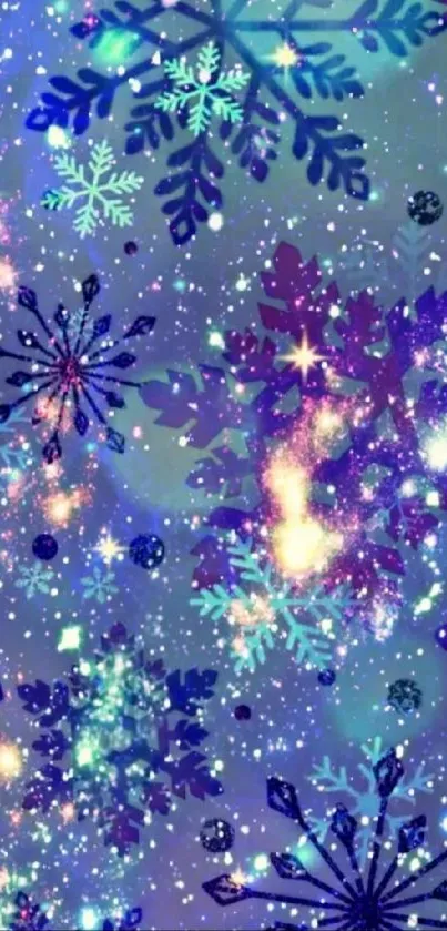 Colorful galaxy-themed snowflake wallpaper with stars and sparkles.