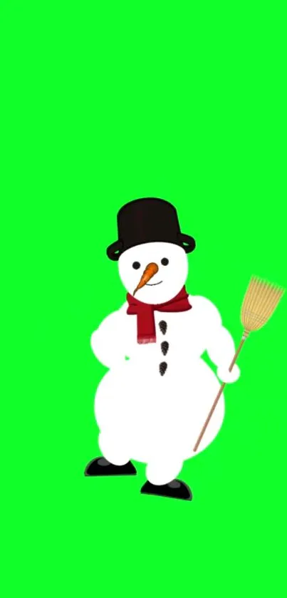 Cheerful snowman on vibrant green background with a festive appeal.