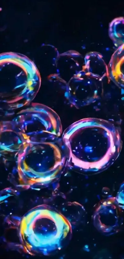 Colorful soap bubbles on a dark background.