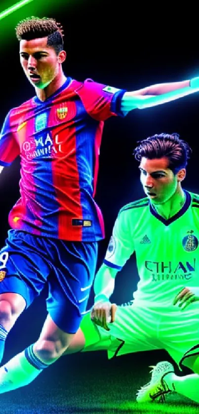 Soccer players in vivid neon colors on a dynamic and vibrant wallpaper.