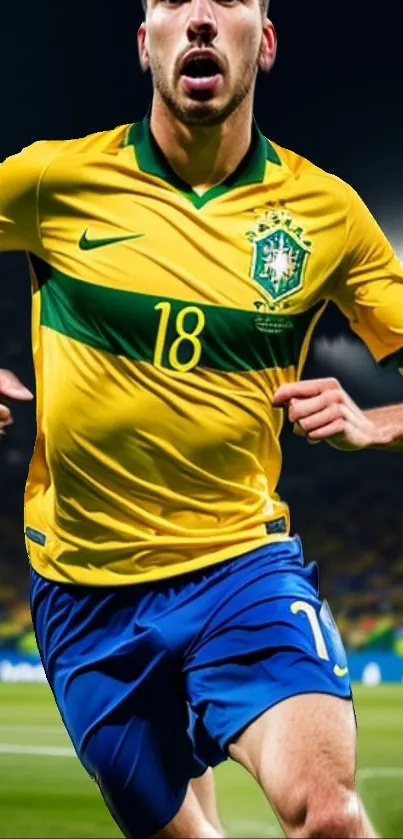 Soccer player in vibrant yellow jersey running on the field.