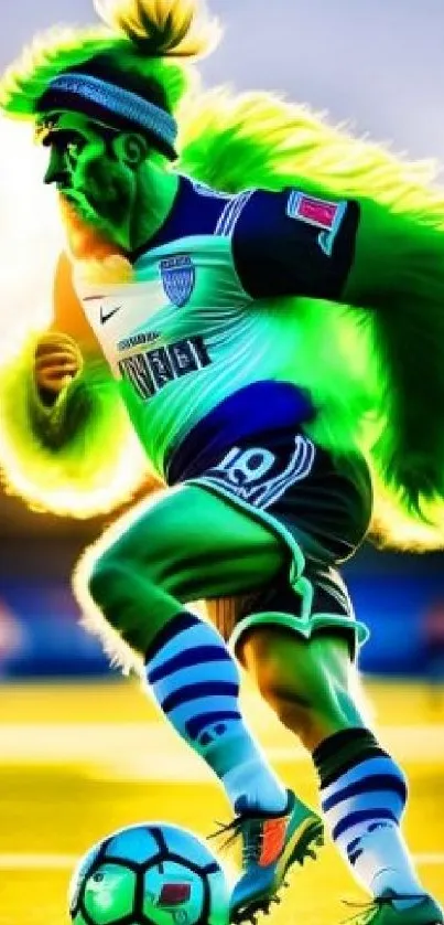 Energetic and colorful soccer player artwork.