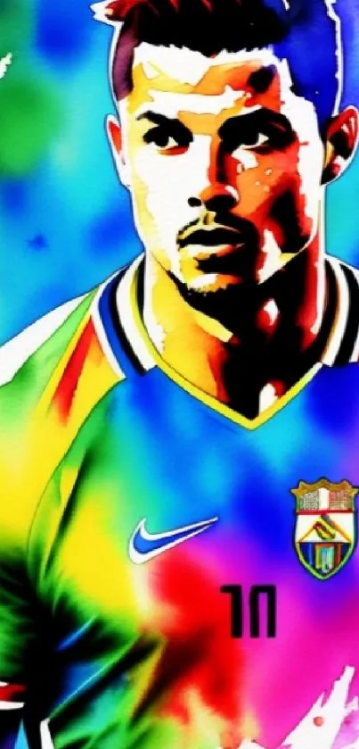 Vibrant digital art of a soccer player with colorful splashes and jersey