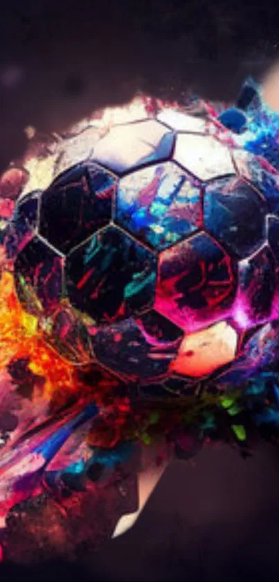 Colorful soccer ball with vibrant splashes of paint on a dark background.