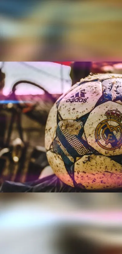 Colorful soccer ball on a field with blurred background.