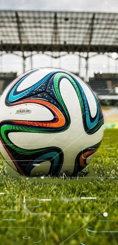 Vibrant soccer ball on green field in stadium setting.