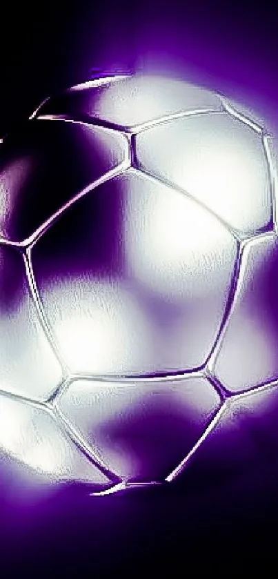 Purple illuminated soccer ball in futuristic design.