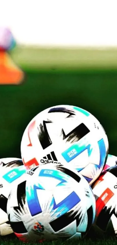 Colorful soccer balls on green grass field.