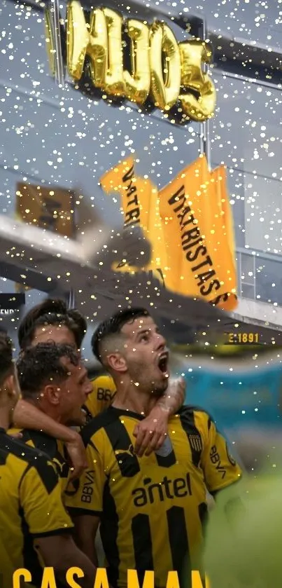 Soccer team celebrating with fans, vibrant yellow and black colors.